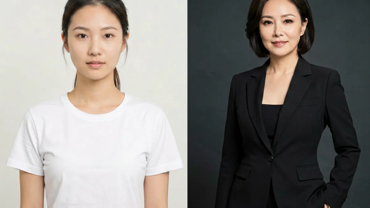 清纯系与熟女系美女被操风格对比示意图，左侧展示素颜学生造型右侧展示成熟职场造型