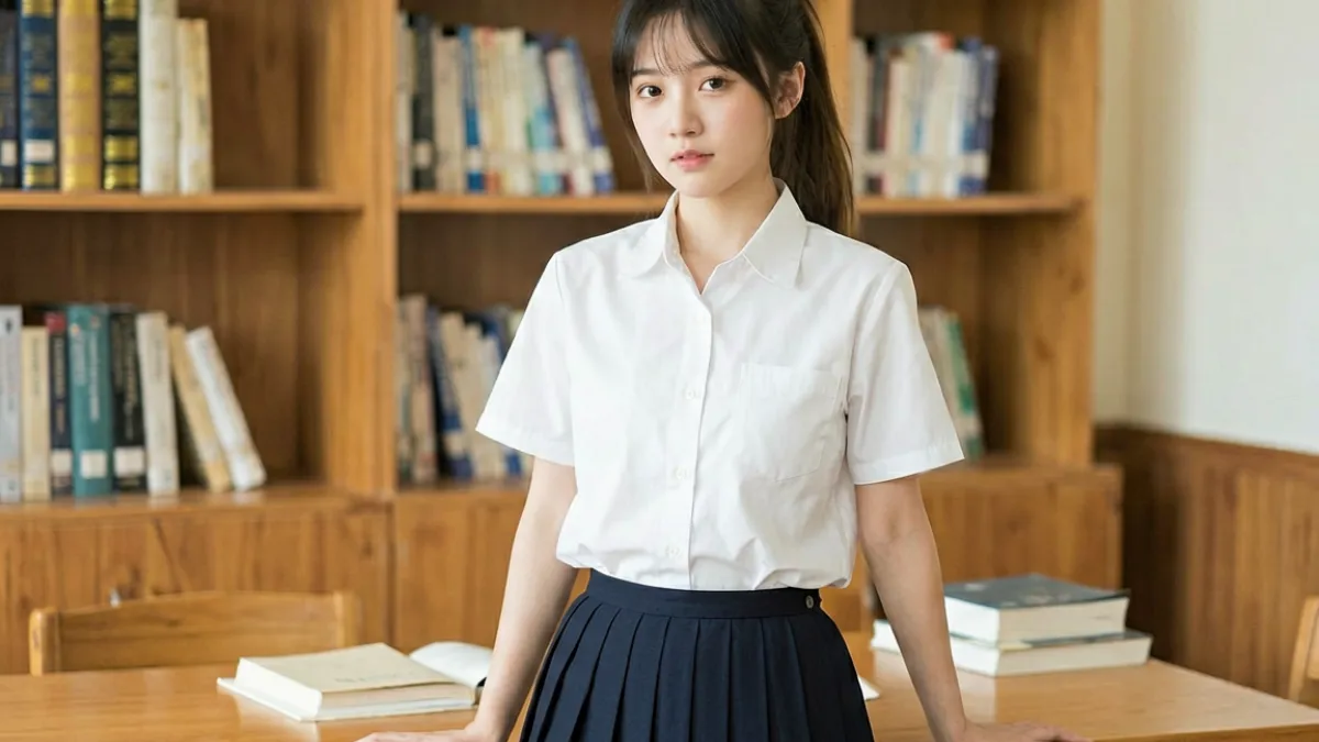 清纯校园造型的美女被操视频截图，女主身着学生制服在室内场景中